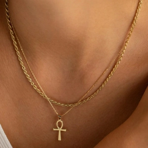 Stainless Steel Ankh Cross Pendant Necklace Layered Twist Rope Chain Hip Hop Punk Egyptian Jewelry Unisex