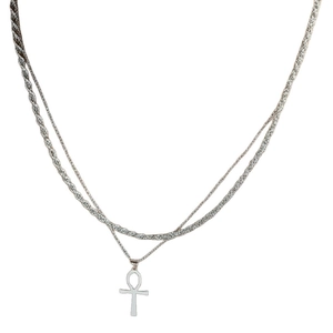 Silver stainless steel double layer twist chain with Ankh cross pendant for men and women