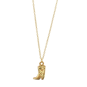 Minimalist gold stainless steel necklace with detailed cowboy boot pendant on white background