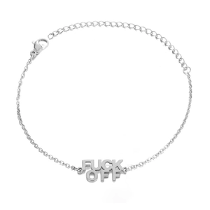 Bracelet de cheville en acier argenté avec pendentifs lettres FUCK OFF et fermoir mousqueton