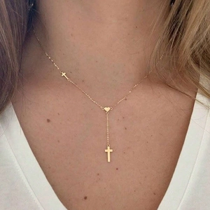 Stainless Steel Cross Heart Lariat Necklace Y Shaped Minimalist Jewelry For Women Adjustable Polished Link