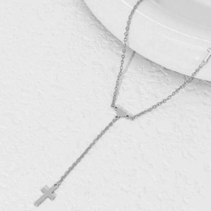 Minimalist Y-shaped stainless steel necklace with heart element and cross pendant