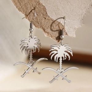 Boucles d'oreilles argentées emblème Arabie Saoudite avec palmier et sabres croisés