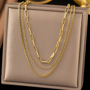 Vintage dreilagiges Gold-Edelstahl-Halsketten-Set mit Büroklammer und Box-Gliederketten