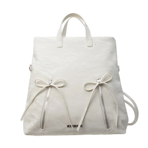 Off-white wrinkled leather backpack with silver bow zippers and top handles by MUMSHARK