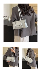 Detailed views of a trendy silver metallic shoulder bag shown from multiple angles