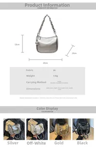 Infographie détaillée du sac bandoulière en cuir PU avec chaîne et pendentif rond