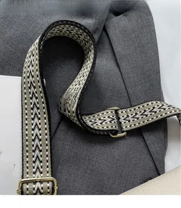 Close-up of adjustable chevron woven wide shoulder strap with gold metal buckles
