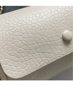 Detailed close-up of cream textured leather crossbody bag with refined golden hardware