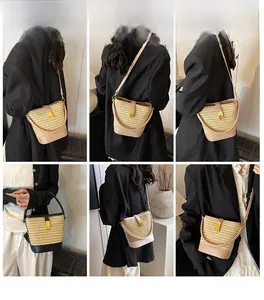 Detailed views of woven straw bucket bag with leather trim and metal twist lock