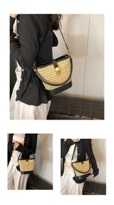 Detail of woven bucket bag featuring black leather trim and versatile carrying straps