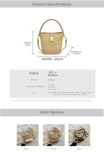 Detailed size specifications for the woven bucket bag with various color options
