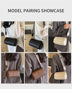 Detailed model views of minimalist cylindrical crossbody bags with patterned wide straps