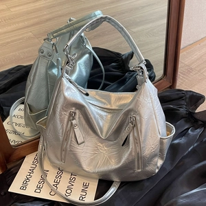 Vintage Women Biker Bag Large Capacity Metallic Silver Denim Texture Shoulder Tote Bag Y2K Punk Style Multi-pocket Hobo Bag
