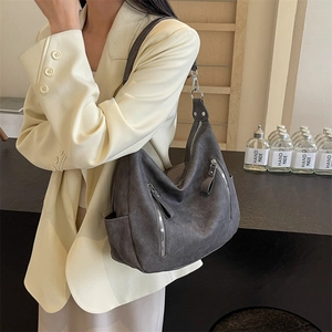 Grey vintage hobo shoulder bag with large capacity and multi-pocket metal zippers
