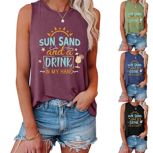 Detail of casual summer tank top with SUN SAND print and multi-color swatches