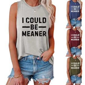 Detail of trendy sleeveless knit tank top featuring I COULD BE MEANER graphic in 4 colors