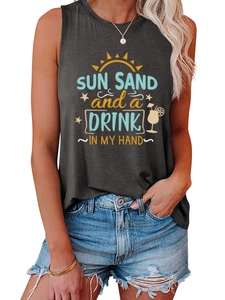 Detail of a charcoal tank top with 'SUN SAND and a DRINK IN MY HAND' beach graphic print