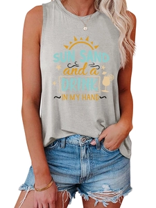 Detail of grey sleeveless tank top featuring SUN SAND and a DRINK graphic print
