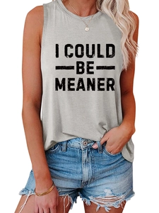 Detail shot of vintage I COULD BE MEANER black letter print on light grey sleeveless top