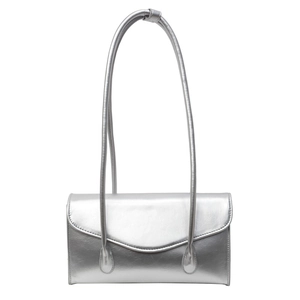 Minimalist silver metallic shoulder bag with slim straps and rectangular flap design