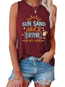 Detail of burgundy sleeveless tank top featuring SUN SAND and a DRINK graphic print