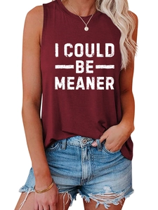 Detail of burgundy sleeveless vest featuring white I COULD BE MEANER artistic lettering