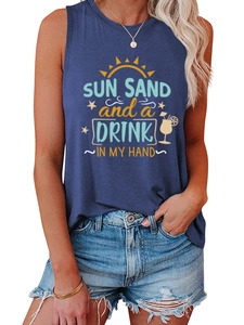 Detail of navy blue sleeveless tank top with sun sand and drink graphic print