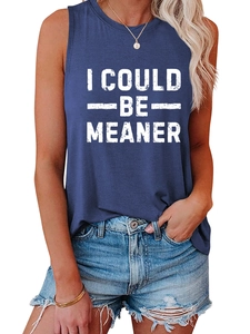 Detail of navy blue tank top featuring white I COULD BE MEANER artistic typography