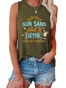 Detail of olive green tank top with SUN SAND slogan and sun graphics on soft fabric