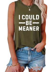Detail of army green sleeveless top featuring vintage white I COULD BE MEANER slogan print