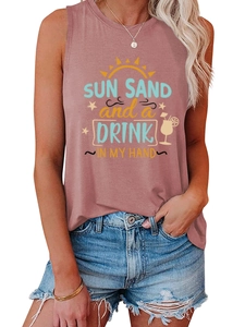 Detail of dusty pink tank top with Sun Sand and a Drink graphic print and raw hem shorts