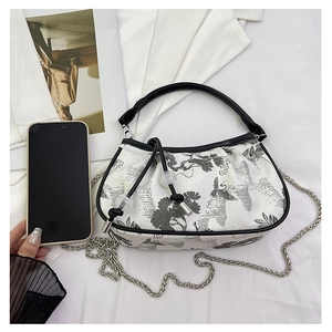 Close-up of white canvas mini bag with Chinese landscape embroidery and chain strap
