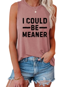 Close-up of sleeveless cotton blend tank top with I COULD BE MEANER printed graphic