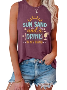 Detail of burgundy sleeveless tank top with sun sand and drink graphic print