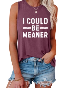 Detail of I COULD BE MEANER white vintage print on a dark purple sleeveless tank top