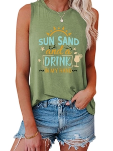 Detail of beach-themed graphic print on casual green sleeveless vest for women