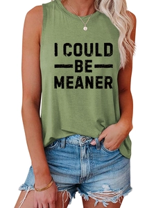 Detail of green sleeveless vest with I COULD BE MEANER print and casual crew neck design