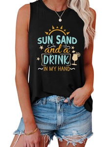 Detail of a casual black tank top featuring SUN SAND and a DRINK vacation print design