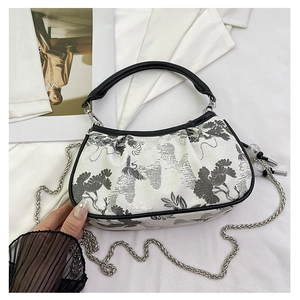 Detail of New Chinese style handbag featuring crane embroidery and elegant metal chain