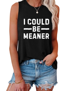 Detail of black cotton tank top with white I COULD BE MEANER slogan and vintage print