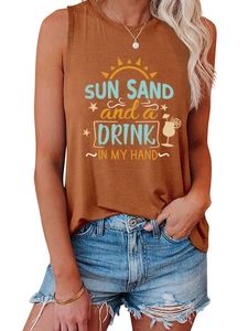 Detail of caramel sleeveless top featuring sun beach graphics and summer quote print