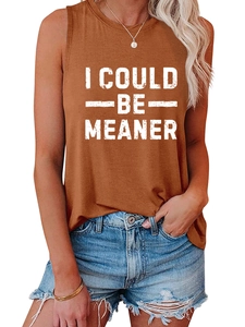 Detail view of orange-brown sleeveless tank top with white I COULD BE MEANER slogan print