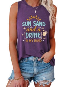 Detail of purple sleeveless tank top with sun sand drink vintage graphic print