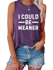 Close-up of purple sleeveless tank top with white vintage I COULD BE MEANER print