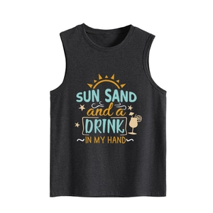 Close-up of the vintage summer print on a black sleeveless cotton casual tank top