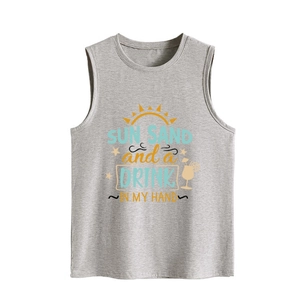 Close-up of sun, sand and drink holiday print on grey cotton casual tank top