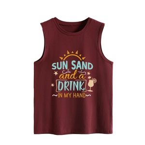 Detail of burgundy sleeveless tank top showing 'SUN SAND and a DRINK' summer print