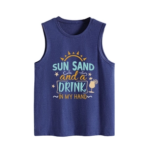 Detail of navy cotton tank top featuring Sun Sand and a Drink vacation print design