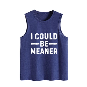 Close-up of distressed white lettering on a navy blue sleeveless kids tank top